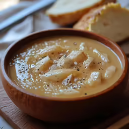 a bowl of soup is on a wooden plate