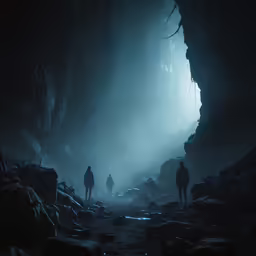two men standing in front of the entrance to a cave