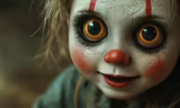 an adorable doll with orange eyes and black makeup