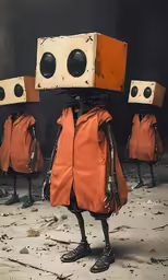 several robots standing behind each other wearing jackets