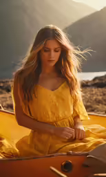 the woman is dressed in yellow while rowing