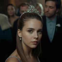 a woman in a gown and tiara in a bar