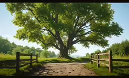 a tree next to a road with grass and trees in the background
