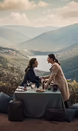 two woman sitting down at a table with wine glasses