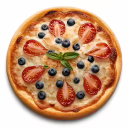 a pizza topped with blueberries and tomatoes
