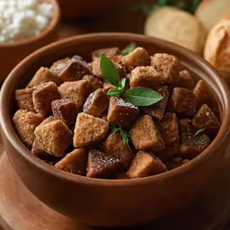 close up of a bowl of tofu pieces