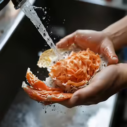 a close up of hands washing a sink with noodles
