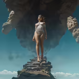 the woman is standing on a rock ledge with her head above the clouds