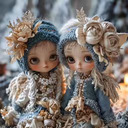 two dolls are dressed in traditional fashion and sit side by side in front of candles