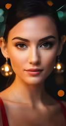 a beautiful young woman wearing earrings in front of christmas lights