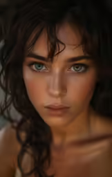 a beautiful young woman with curly hair and blue eyes
