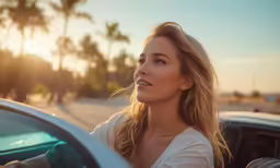 a beautiful woman standing next to a car in a parking lot