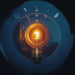 an orange light bulb is shining inside the blue circle