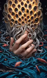 a person holding a finger on top of a painting with rings