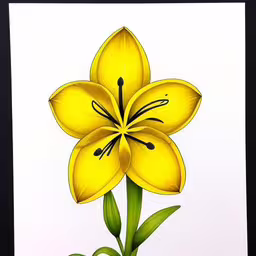 a white card with yellow lily with long stems,this painting of a yellow flower is featured on a card