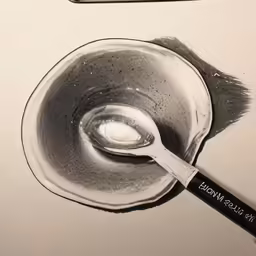a drawing with black paint on it of a cup and spoon