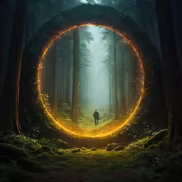 a man stands in a forest surrounded by tall, yellow and red lights