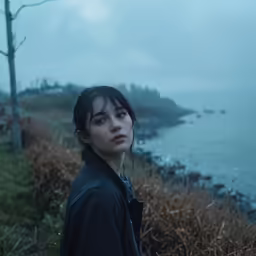 woman staring up at camera standing by grassy hill next to the ocean