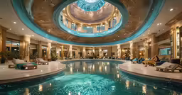a swimming pool is surrounded by luxurious furniture and a skylight