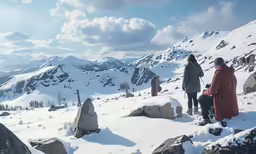 two people walking up a snowy hill towards a mountain