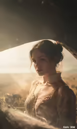 a woman standing in the sunlight holding something with her hands