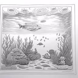 a black and white drawing of some fish under the sea