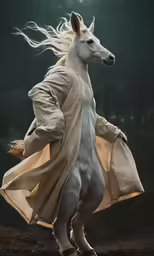 the white horse is wearing a coat and boots