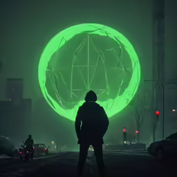 a person standing in front of a large neon object