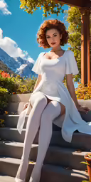 the redheaded woman is posing on the steps