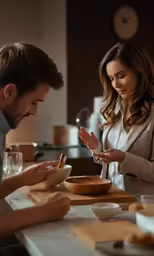 man and woman looking at food on a counter top