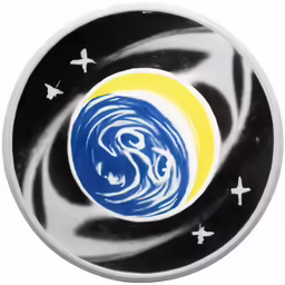 the blue and yellow circular logo has stars around it