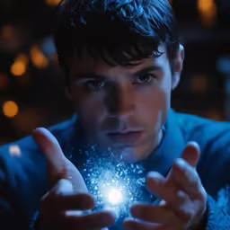 a young man in a blue shirt holding a glowing ball of light in his hands