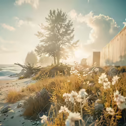 a bunch of flowers are near a fence on the beach