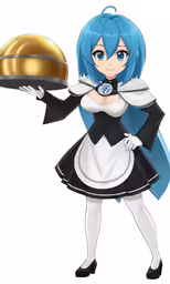 a character with blue hair in a maid outfit and holding a serving tray