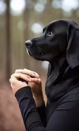 a black dog is sitting in the woods