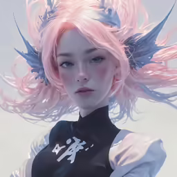 a woman with pink hair and blue eyes in an artistic photo