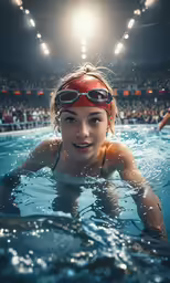 a woman in a swimming pool on the edge of a pool