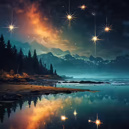 an image of stars flying over water at night