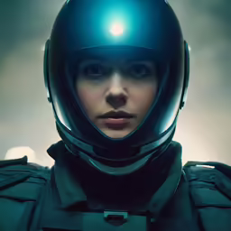 woman in a helmet is standing against a gray background