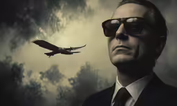 man in suit and sunglasses standing under tree branch with bird flying overhead
