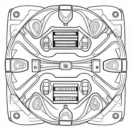 a drawing of a robot in a helmet,the plan for a small and large part of the car engine,a drawing of a piece of equipment made out of multiple parts,an object in the shape of a face,the top of an assembly vehicle with a line drawing style
