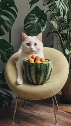 a cat sitting in a bowl of food on a chair