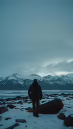 a person standing on snow covered rocks looking at the mountains