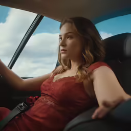 a beautiful woman in a car wearing a red dress