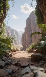 an entry way through a ravine with rocky terrain