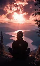 the woman is sitting at the top of a mountain looking into the sun