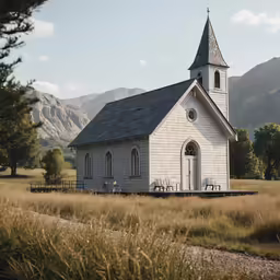 a church stands in a field with mountains in the background