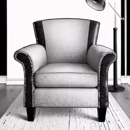 a room with a couch, lamp and a large chair