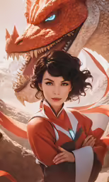 a woman in an orange outfit standing next to a dragon