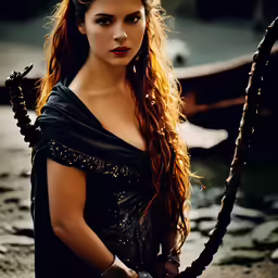 a beautiful woman dressed in black holding a sword